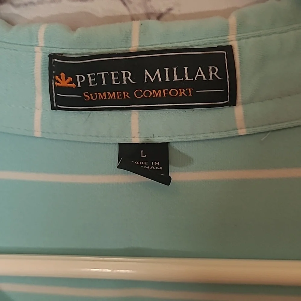 Peter Millar size Large Summer Comfort Aqua White Striped Golf Shirt Flaw